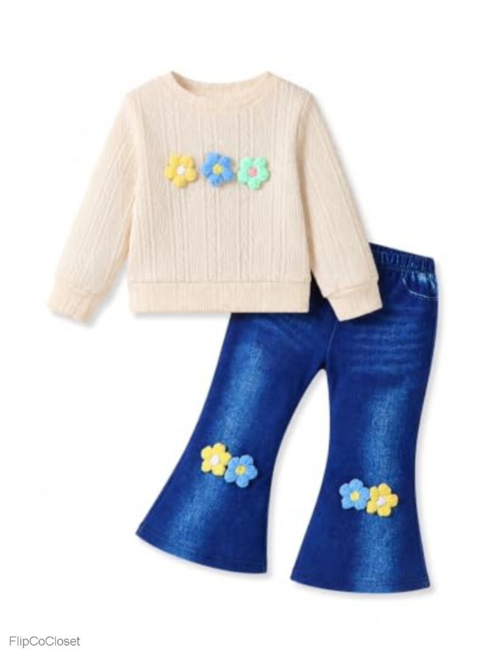 Toddler Girl Faux Denim Flare Pant Set Sweatshirt Outfit 12M-5T